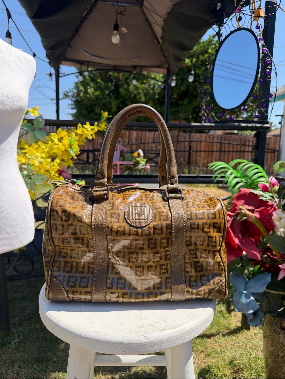 Authentic Zucca Fendi Coated Boston Speedy Handbag Brown vintage Luxury